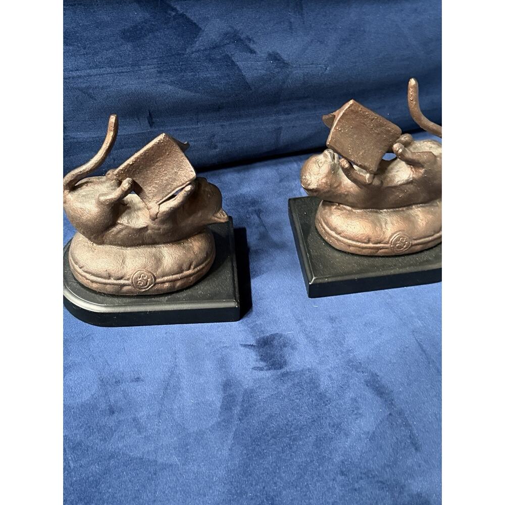 Vintage SPI Solid Brass CURIOUS‎ CATS on Cushion Reading Books Bookends Set